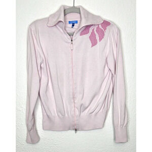Vintage 90s Escada Cardigan Womens Medium Pink Full Zip Cotton Sweater Jacket